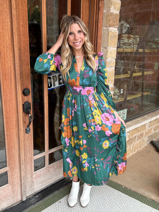 Dress | Midi Floral Emerald Split Neck Ruffle Back Smocked