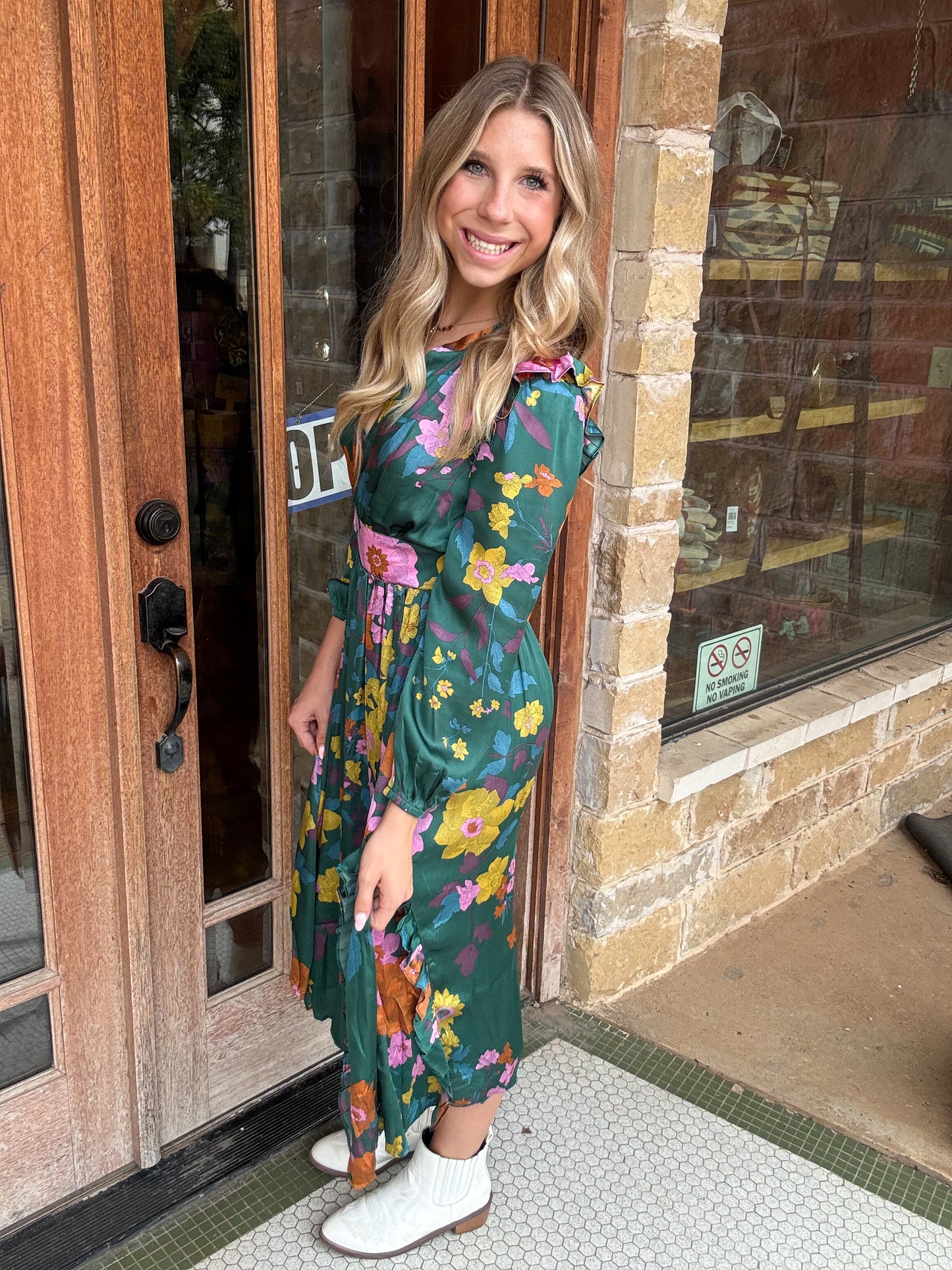 Dress | Midi Floral Emerald Split Neck Ruffle Back Smocked