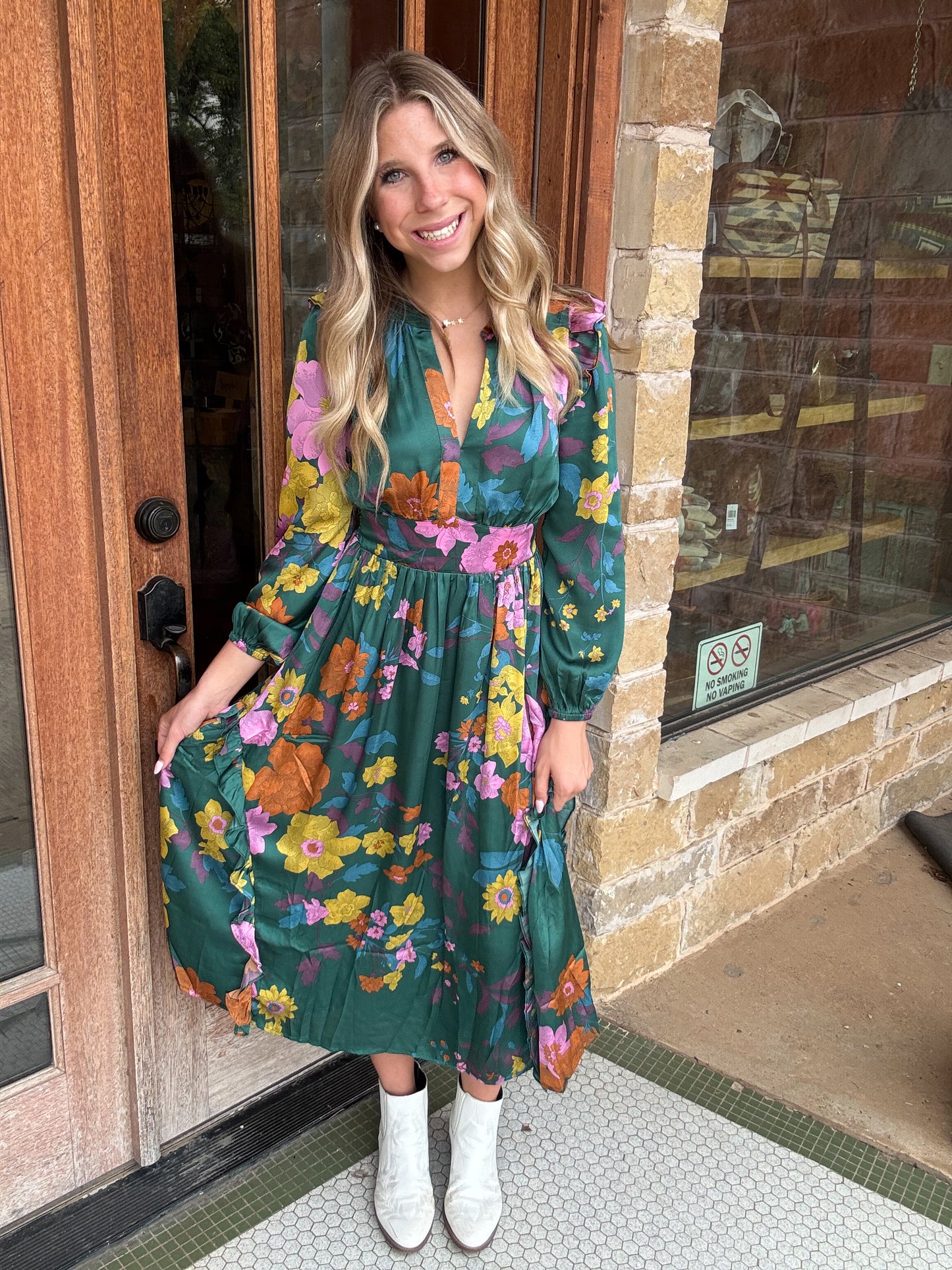 Dress | Midi Floral Emerald Split Neck Ruffle Back Smocked