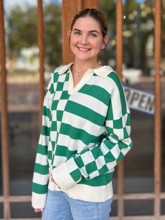Tops | Sweater Collared Green/White