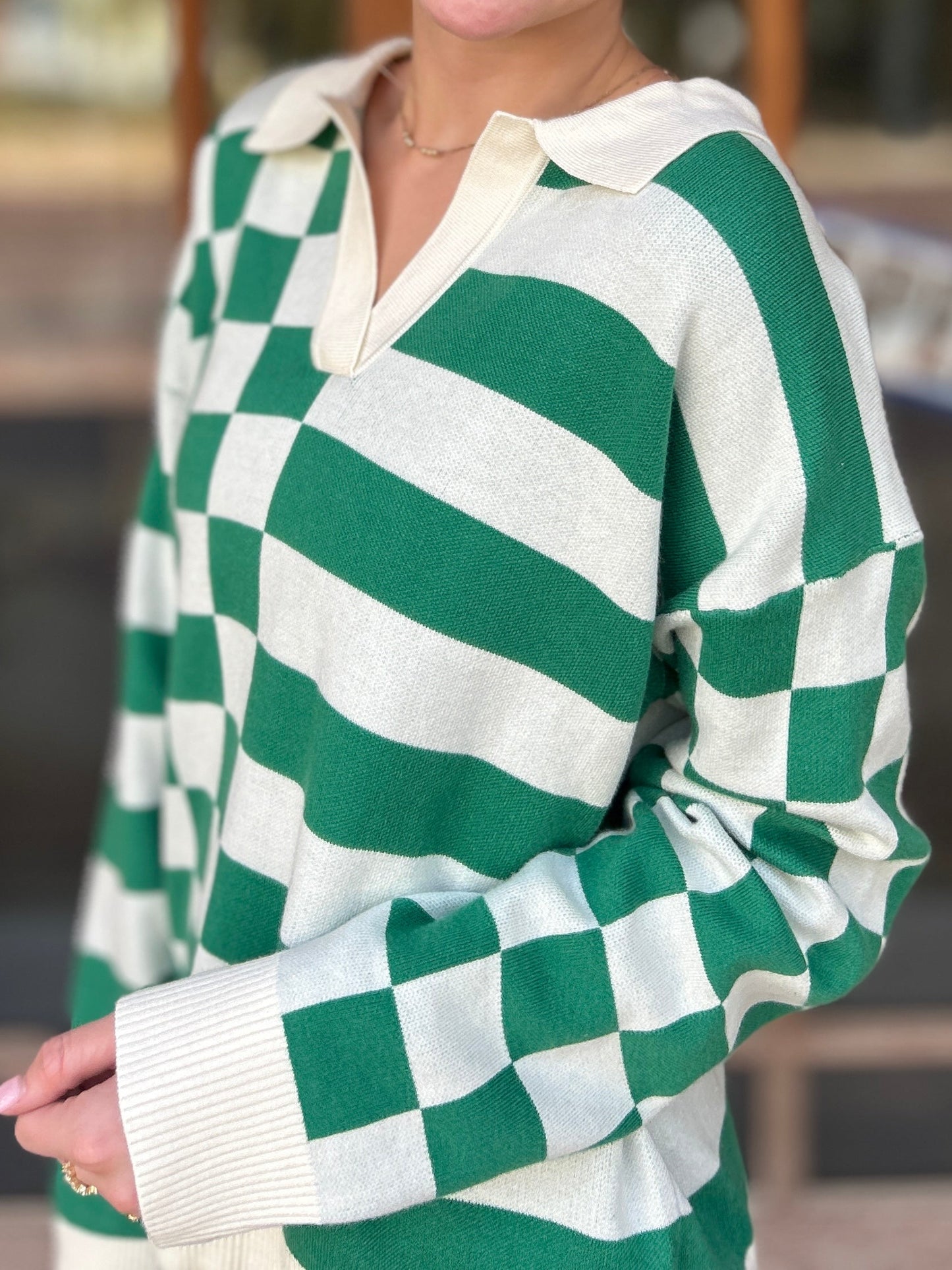 Tops | Sweater Collared Green/White
