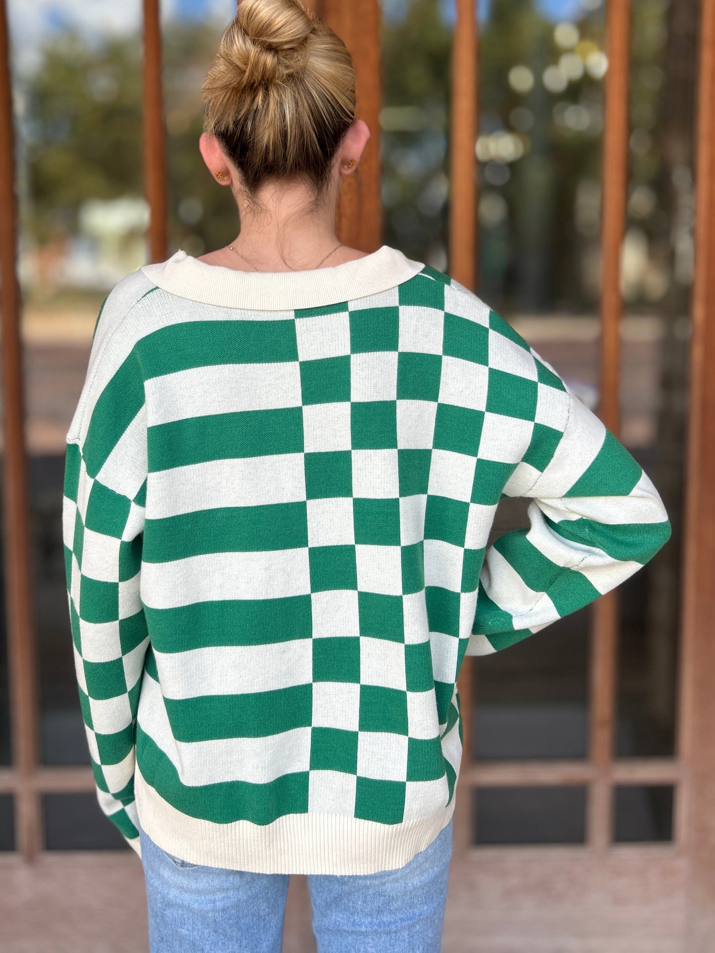 Tops | Sweater Collared Green/White