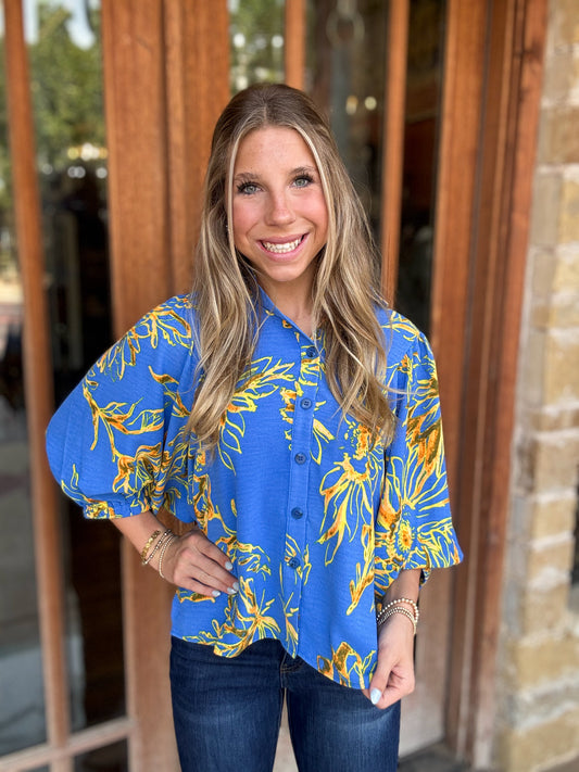 Tops | Blouse Blue/Gold Floral Printed Puff Mid Sleeve