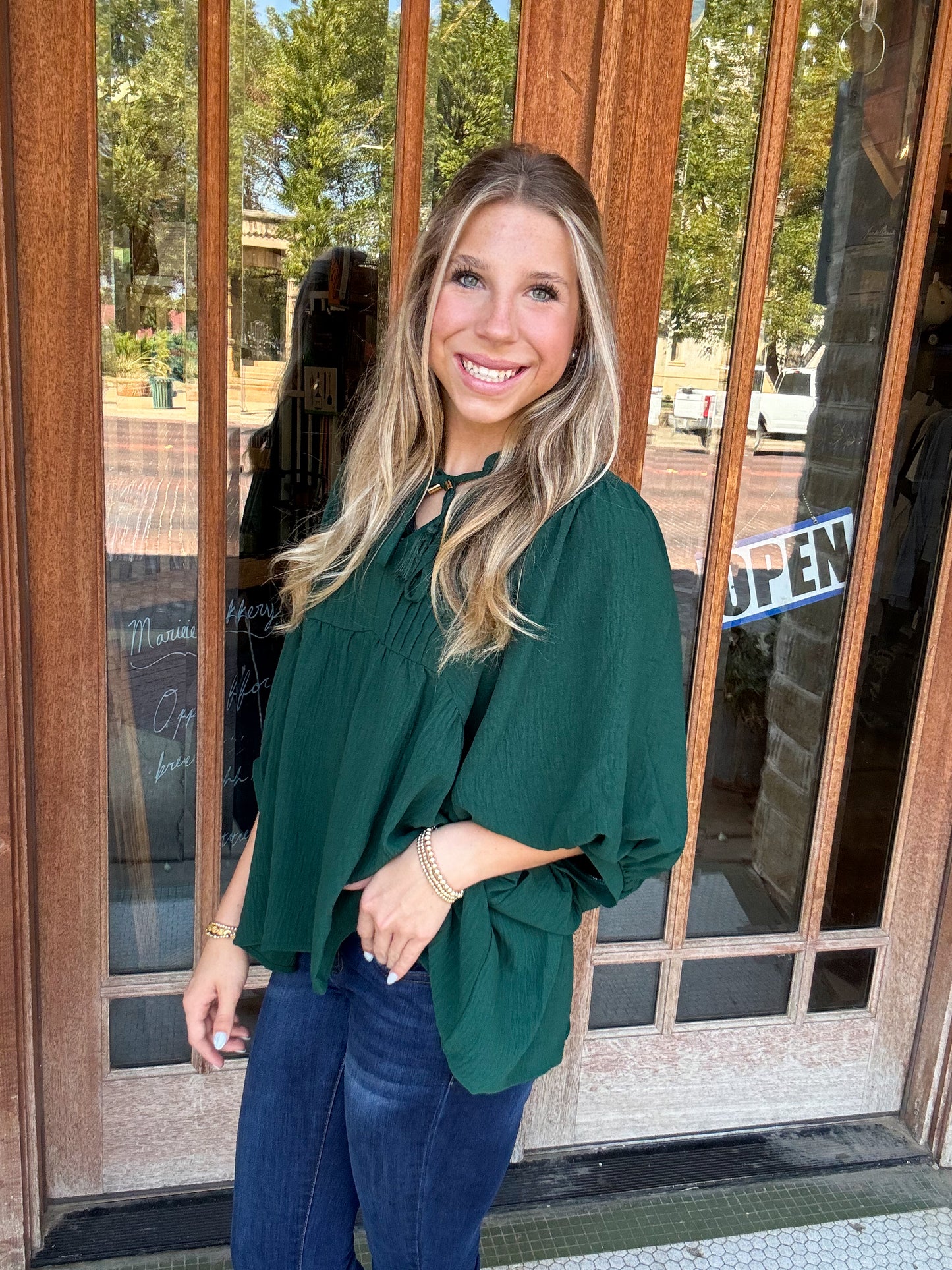 Tops | Blouse Hunter Green Flowy Pintuck Tie Front Split Neck