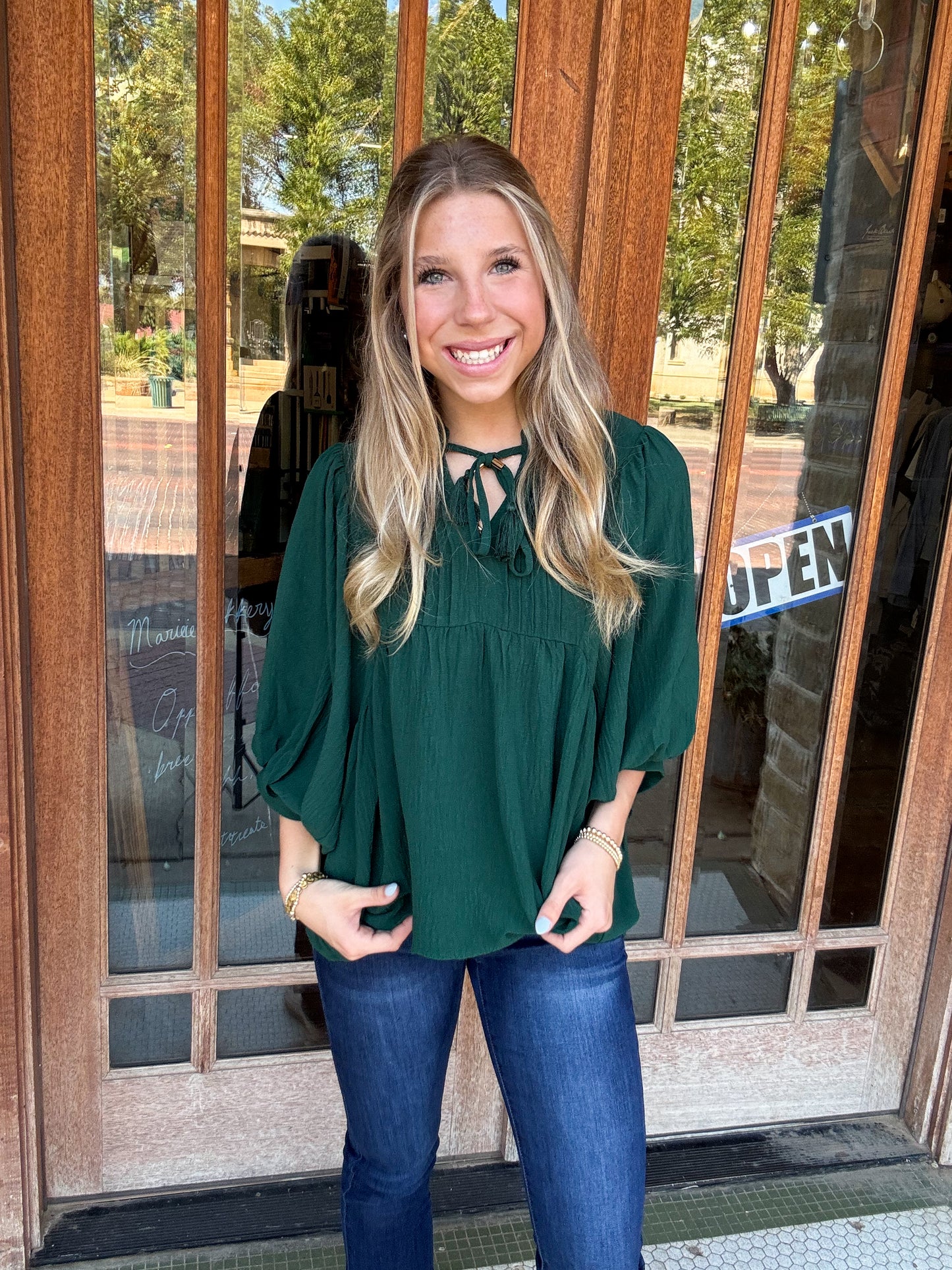 Tops | Blouse Hunter Green Flowy Pintuck Tie Front Split Neck