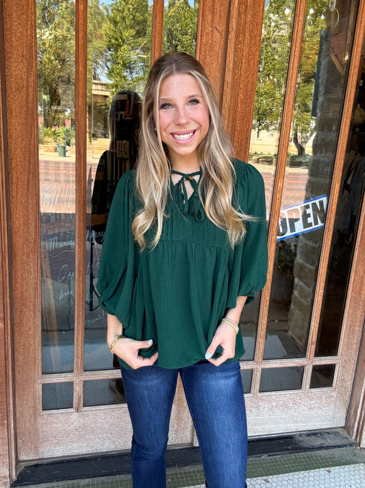 Tops | Blouse Hunter Green Flowy Pintuck Tie Front Split Neck