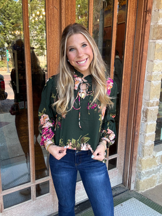 Tops | Blouse Floral Printed Long Sleeve Tie Neck