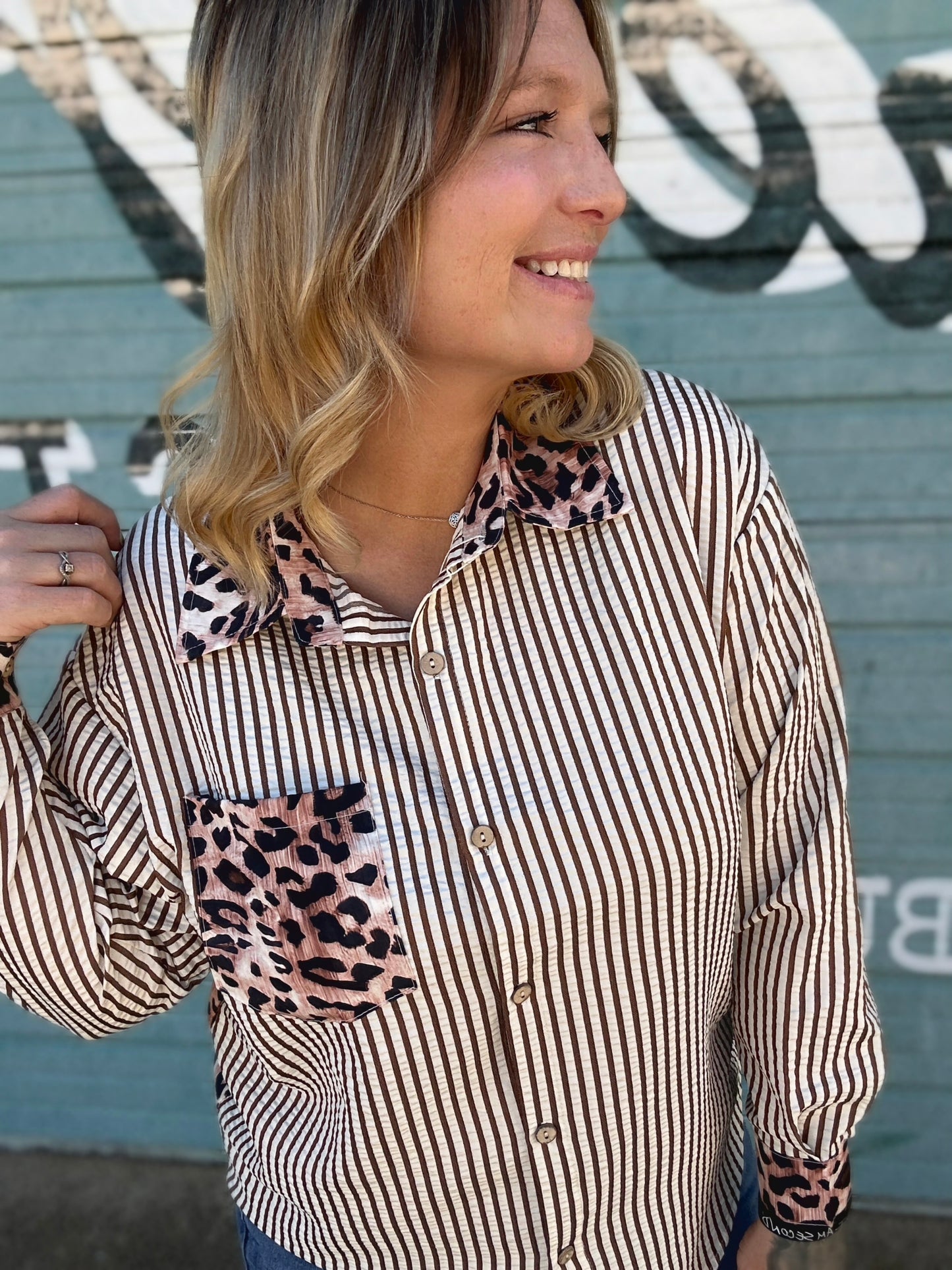 Tops | Blouse Leopard Back, Collar Cuffs and Chest Pocket With Brown Stripe Front and Long Sleeves Button Down