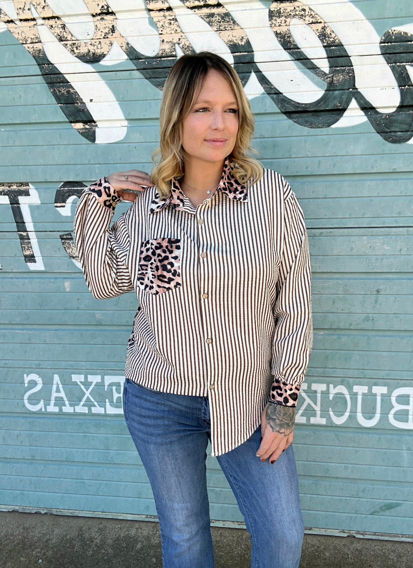 Tops | Blouse Leopard Back, Collar Cuffs and Chest Pocket With Brown Stripe Front and Long Sleeves Button Down