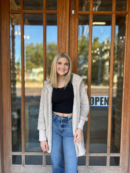 Tops | Cardigan Khaki Plush Hooded