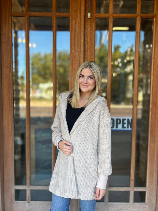 Tops | Cardigan Khaki Plush Hooded