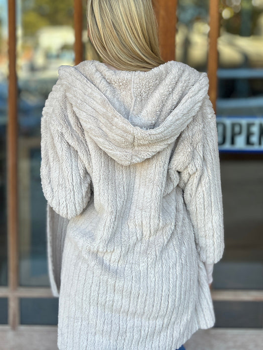 Tops | Cardigan Khaki Plush Hooded