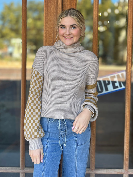 Tops | Sweater Khaki Stylish High Neck Color Block