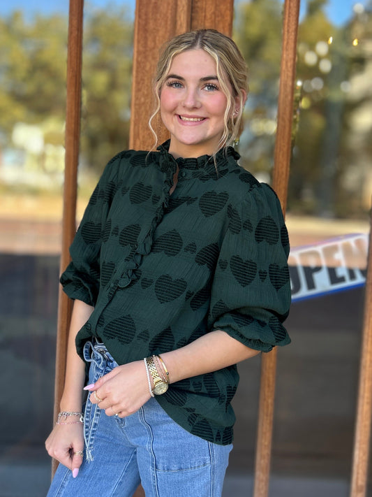 Tops | Blouse Hunter Green Heart Pattern Long Sleeve