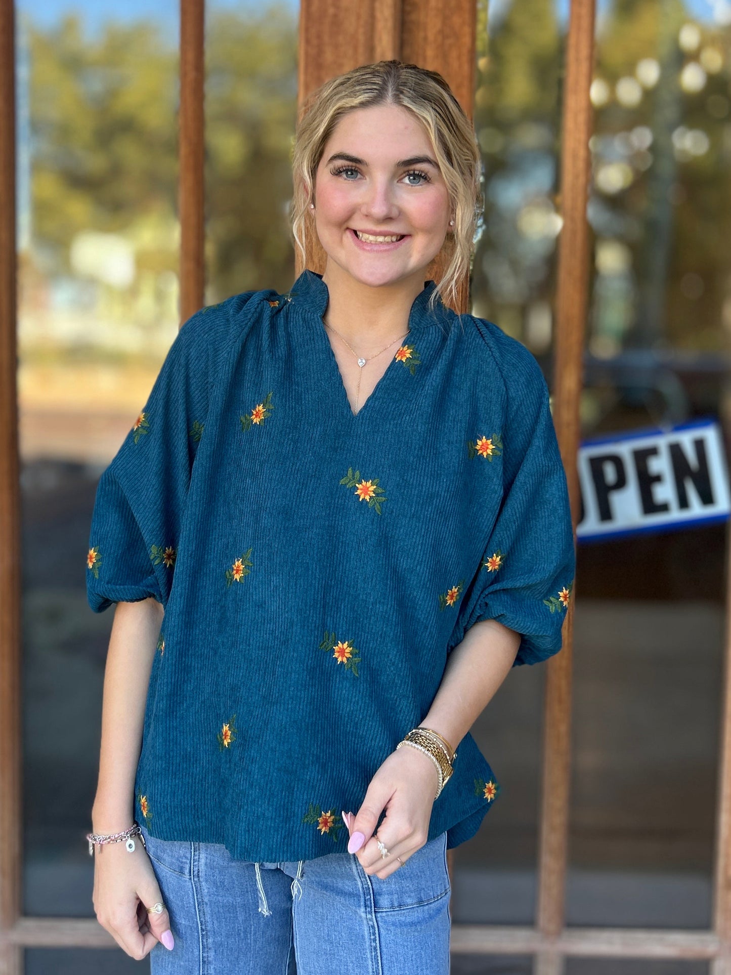 Tops | Blouse Teal Blue Corduroy Floral