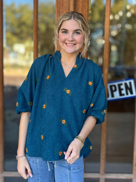 Tops | Blouse Teal Blue Corduroy Floral