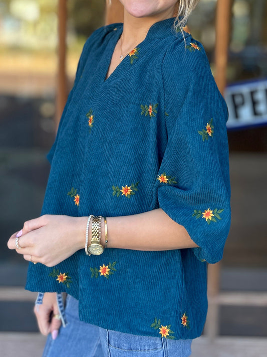 Tops | Blouse Teal Blue Corduroy Floral