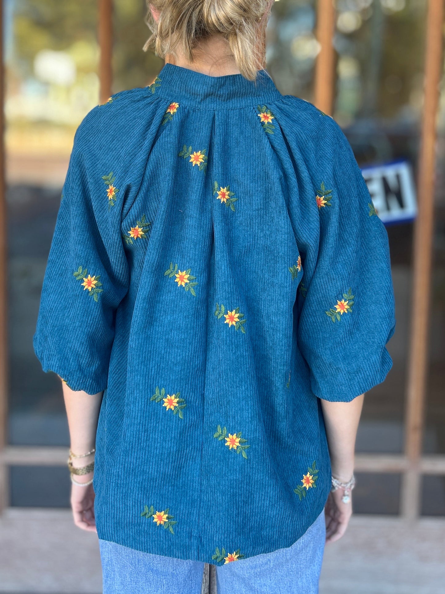 Tops | Blouse Teal Blue Corduroy Floral