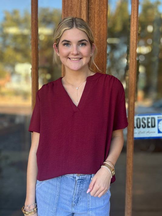 Tops | Blouse Burgundy Solid V-Neck