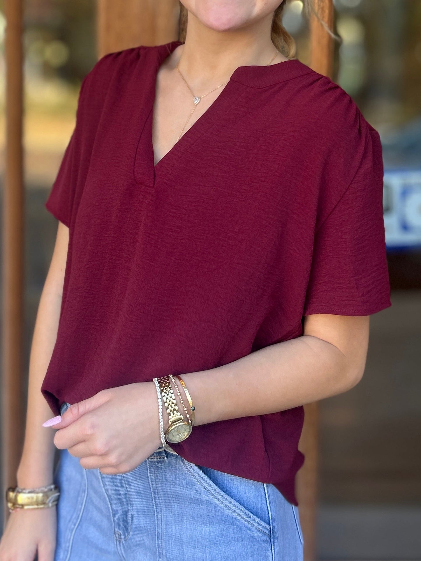 Tops | Blouse Burgundy Solid V-Neck