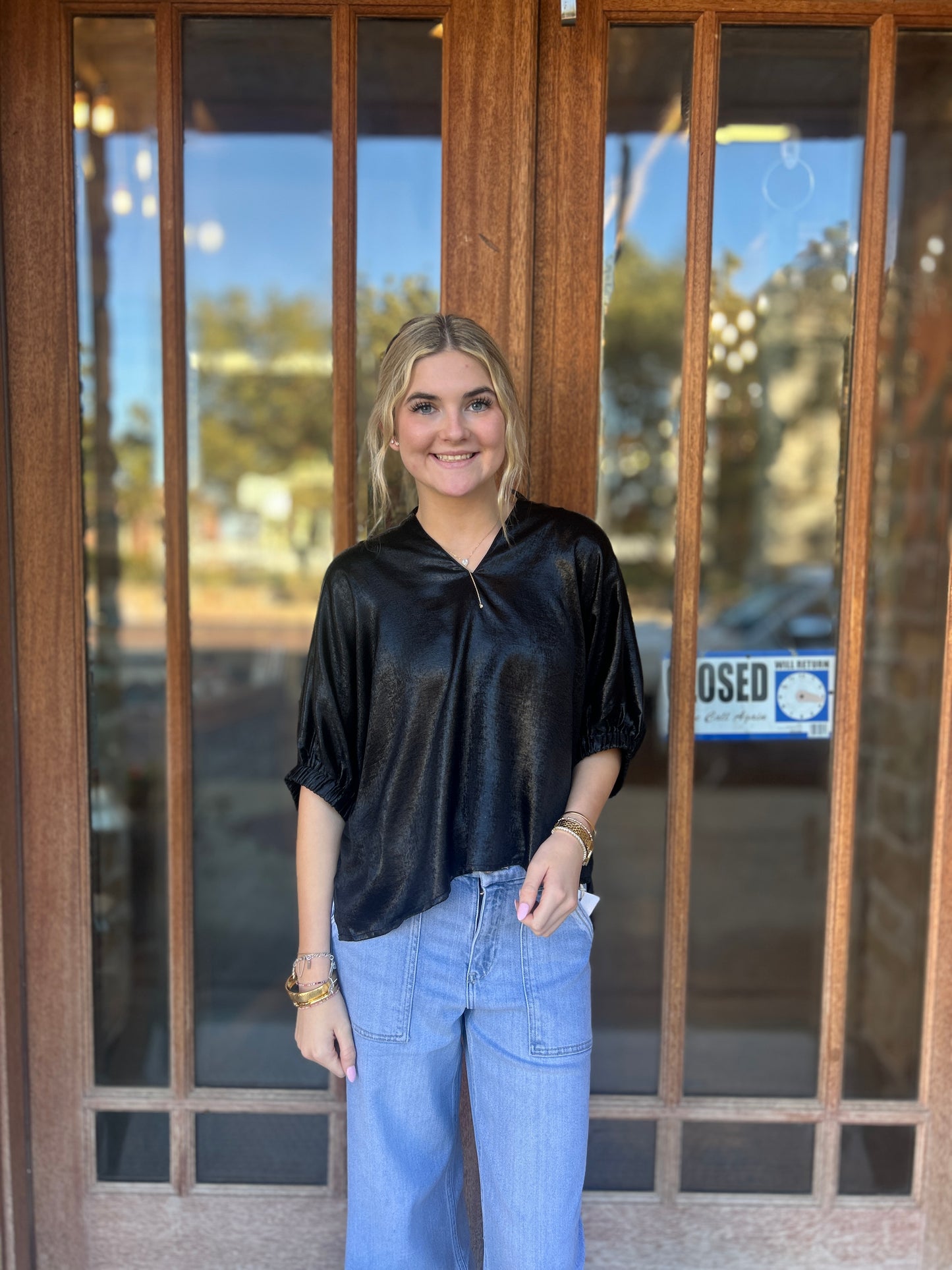 Tops | Blouse Black Metallic V-Neck