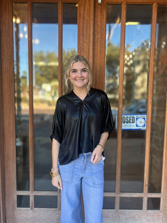 Tops | Blouse Black Metallic V-Neck