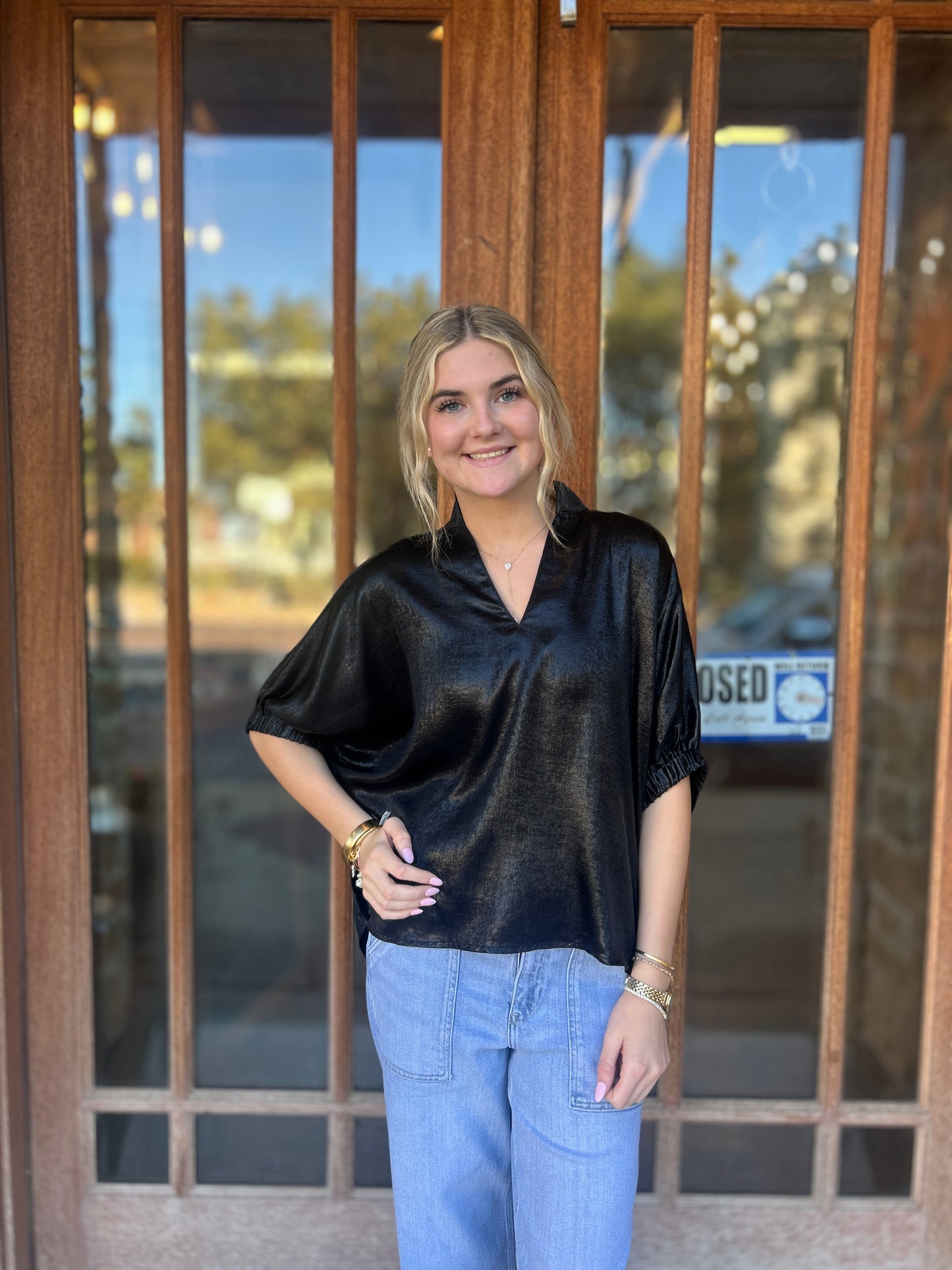 Tops | Blouse Black Metallic V-Neck