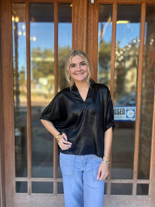 Tops | Blouse Black Metallic V-Neck
