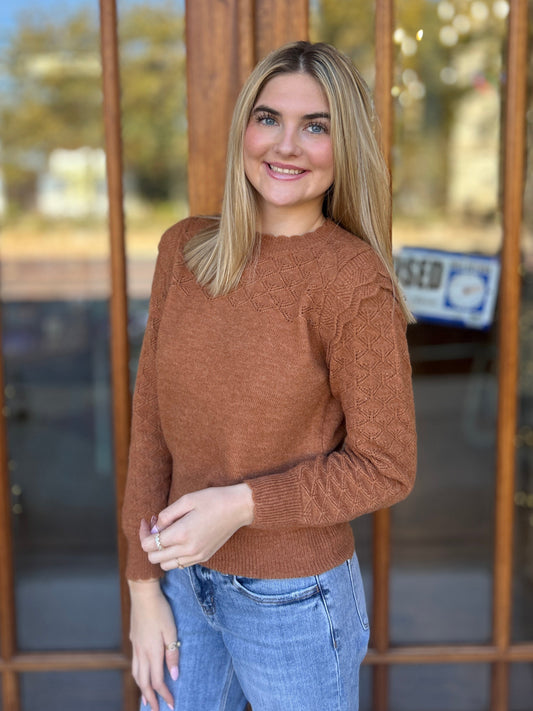 Ruffle Sleeve Pointelle Camel Sweater