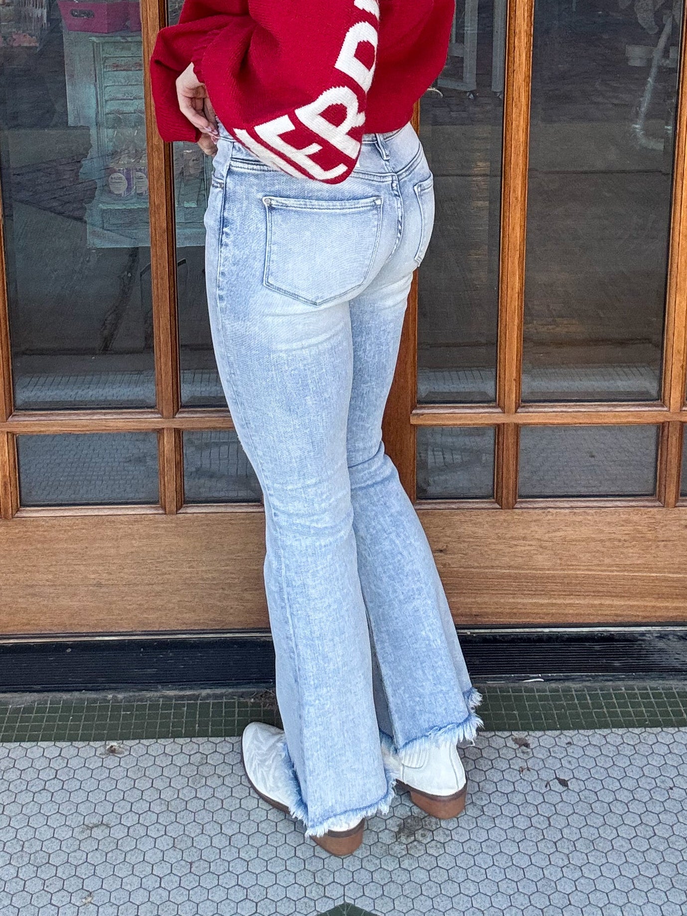 Distressed Mid Rise Flare Jeans