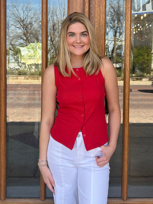 Red Ribbed Button Front Tank Top