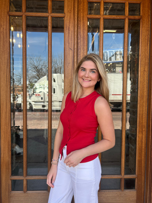 Red Ribbed Button Front Tank Top