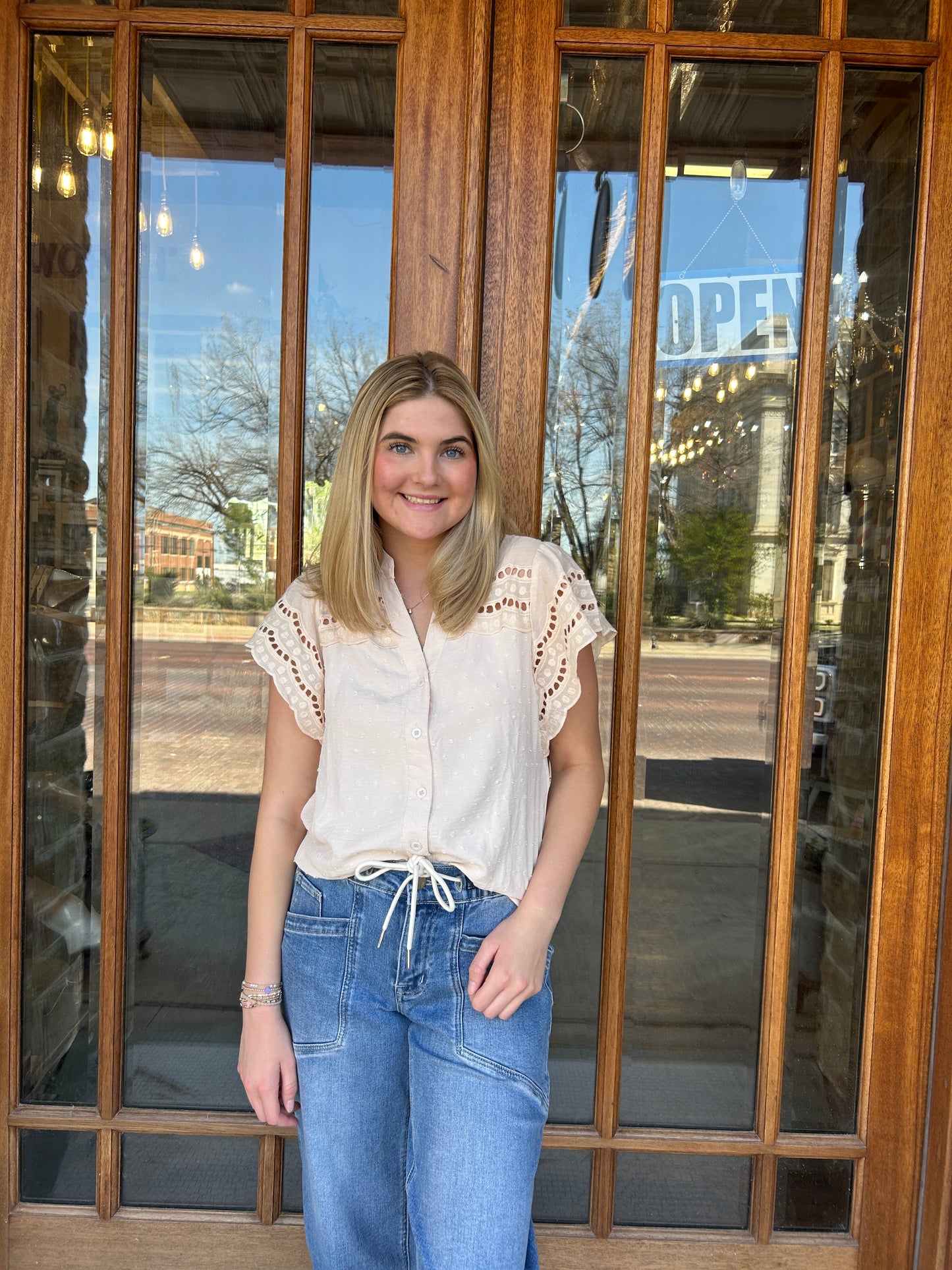Apricot Ruffle Sleeve V-Neck