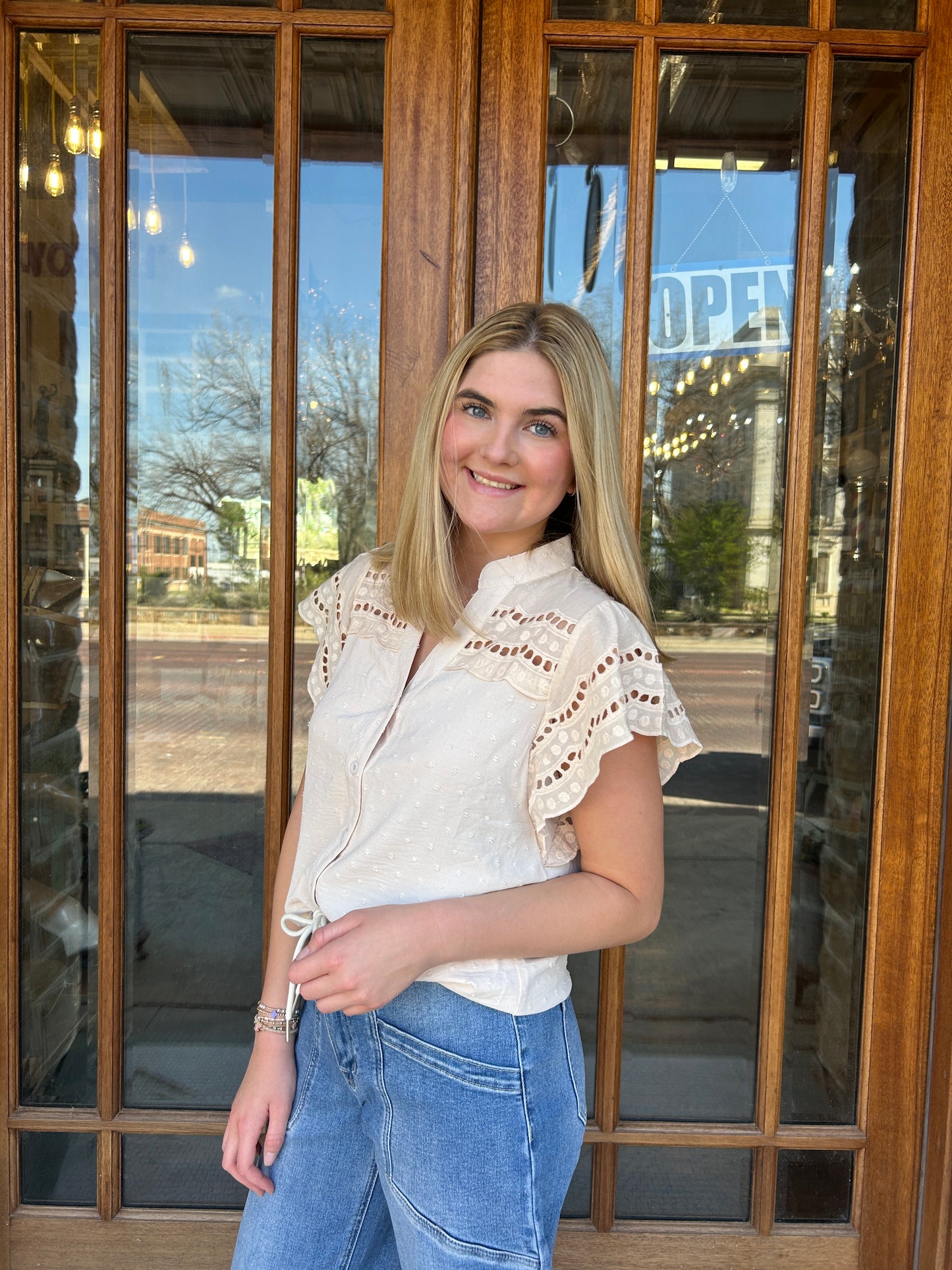 Apricot Ruffle Sleeve V-Neck