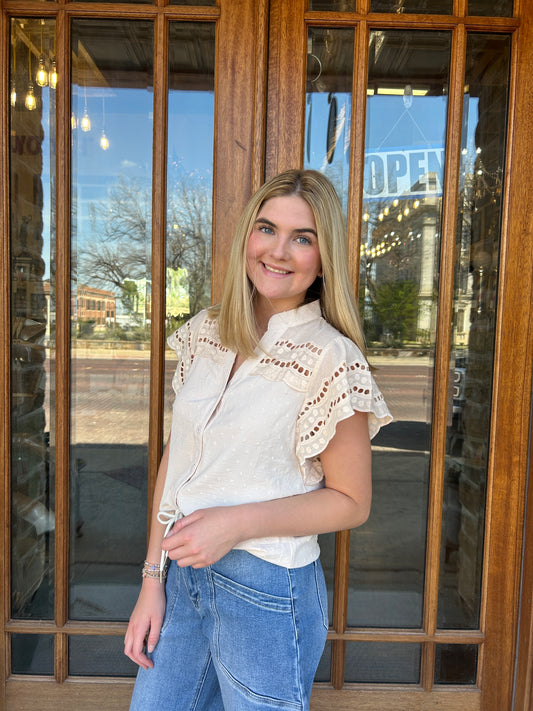 Apricot Ruffle Sleeve V-Neck