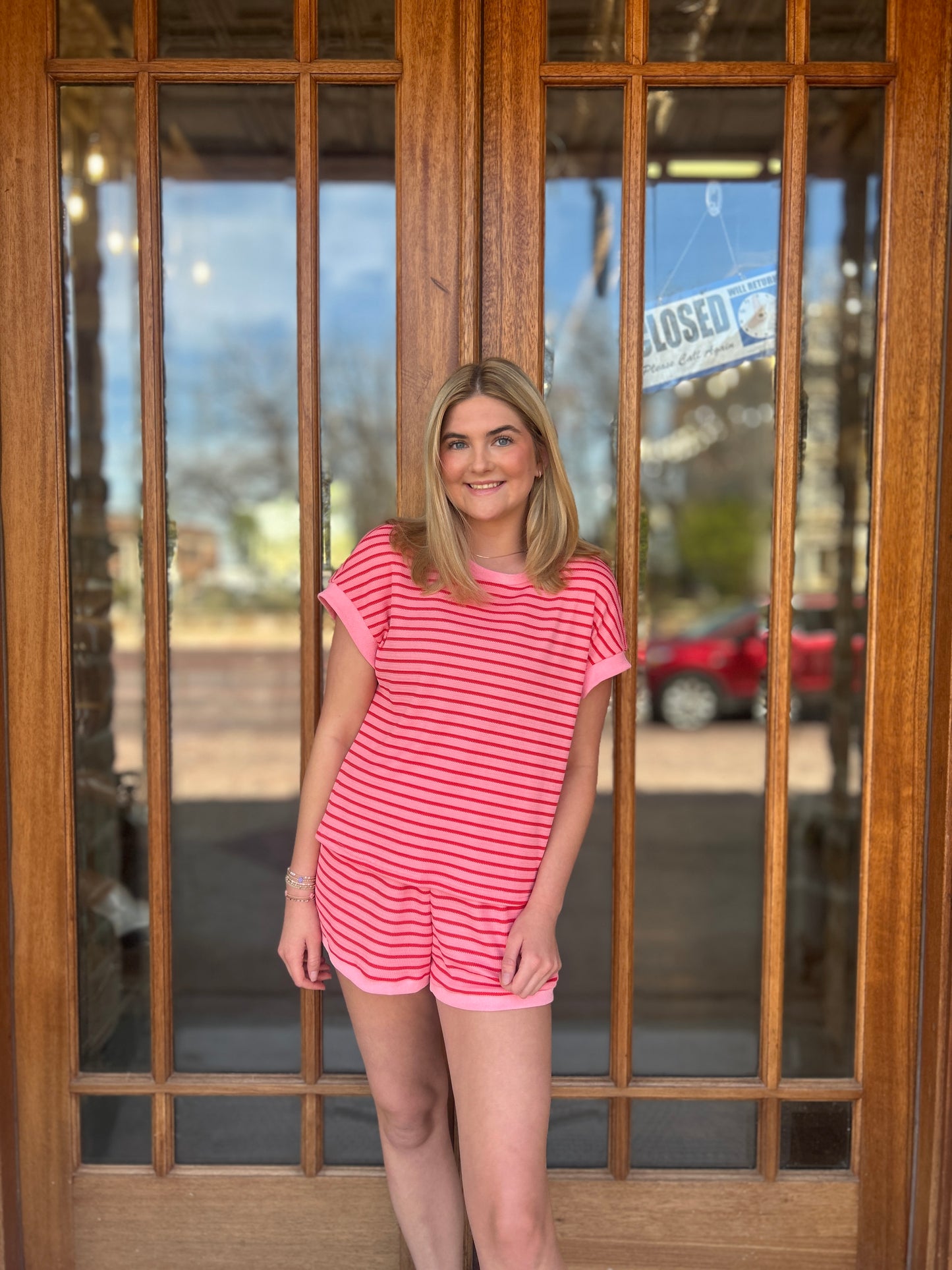 Dark Pink Stripe Short set