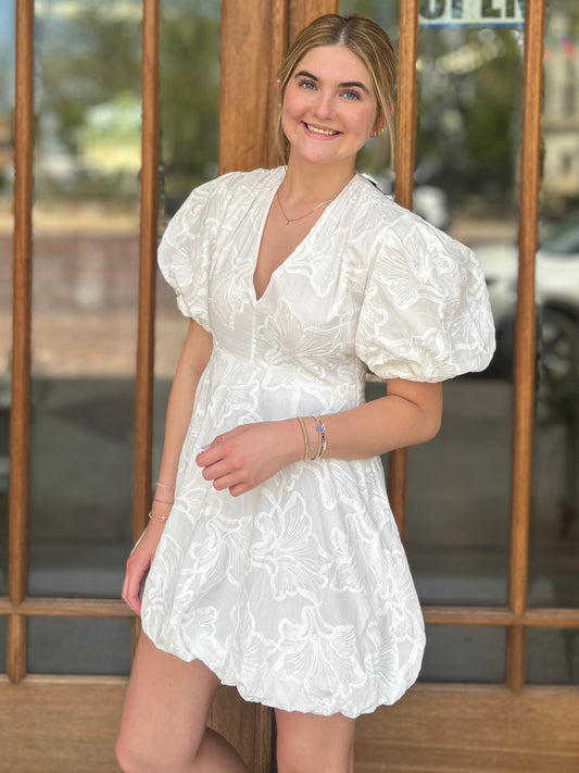 Dress - White Paisley Foral Puff Sleeve