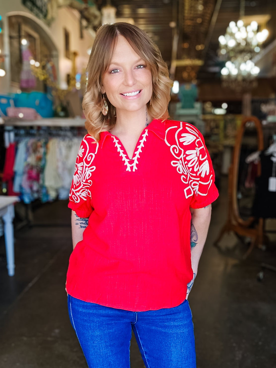 Umgee Blouse - Red Embroidered Puff Sleeve