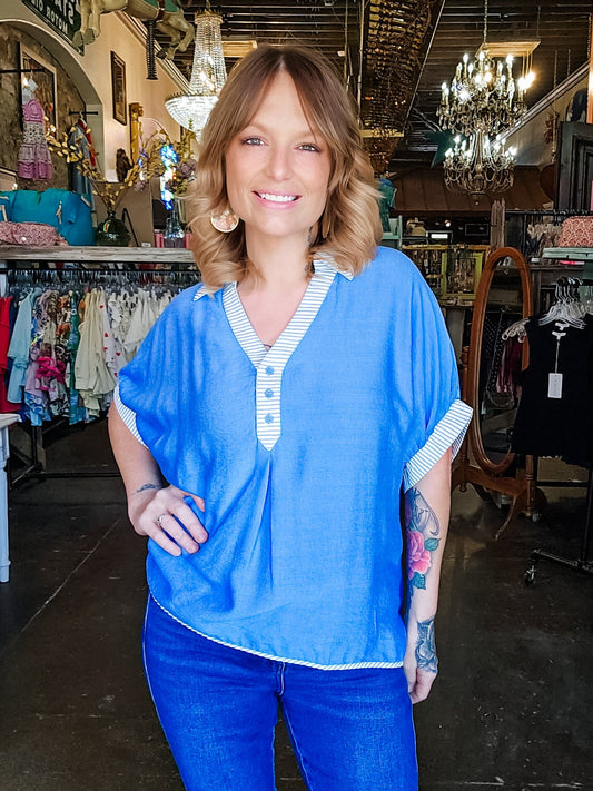 Umgee Blouse - Sky Blue V-Neck