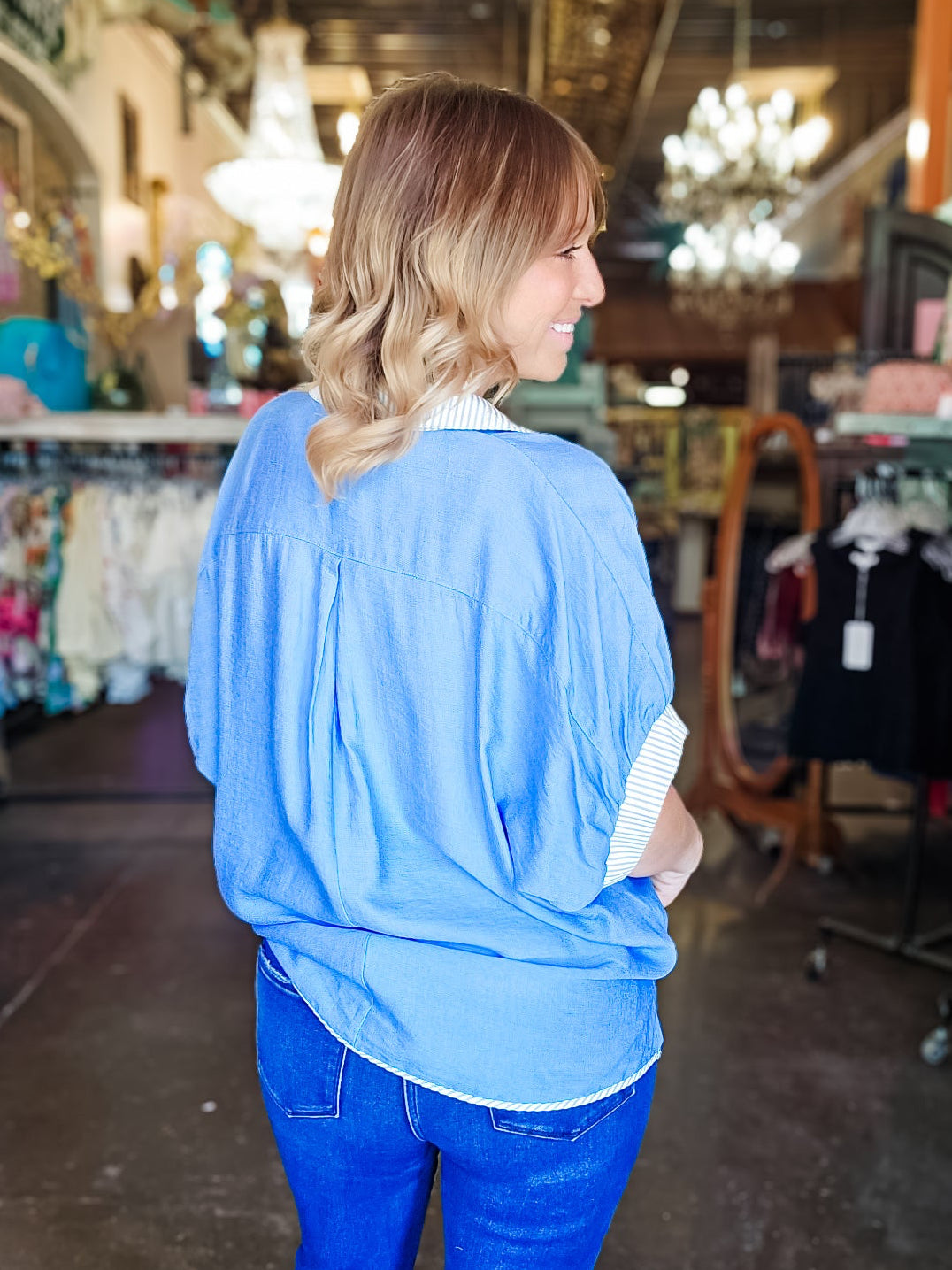 Umgee Blouse - Sky Blue V-Neck
