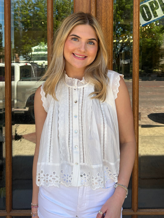 Blouse - Broderie Sleeveless Cotton