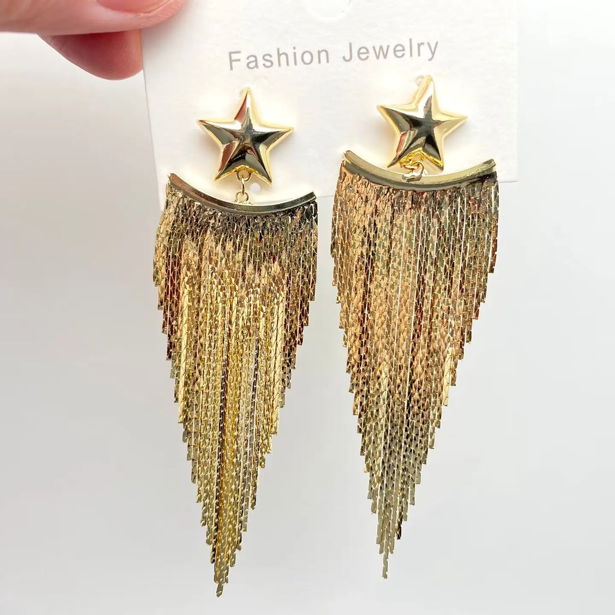 Earrings | Gold Plated Metal Chain Fringe Star Post Earrings