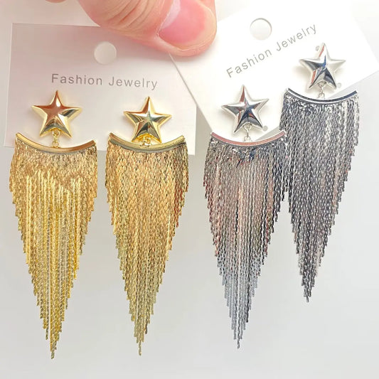 Jewely | Earrings Gold Plated Metal Chain Fringe Star Post