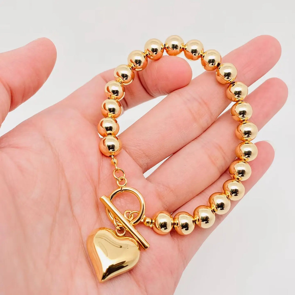 Bracelet | Heart Charm Gold Plated 8mm Beads Chain Bracelet