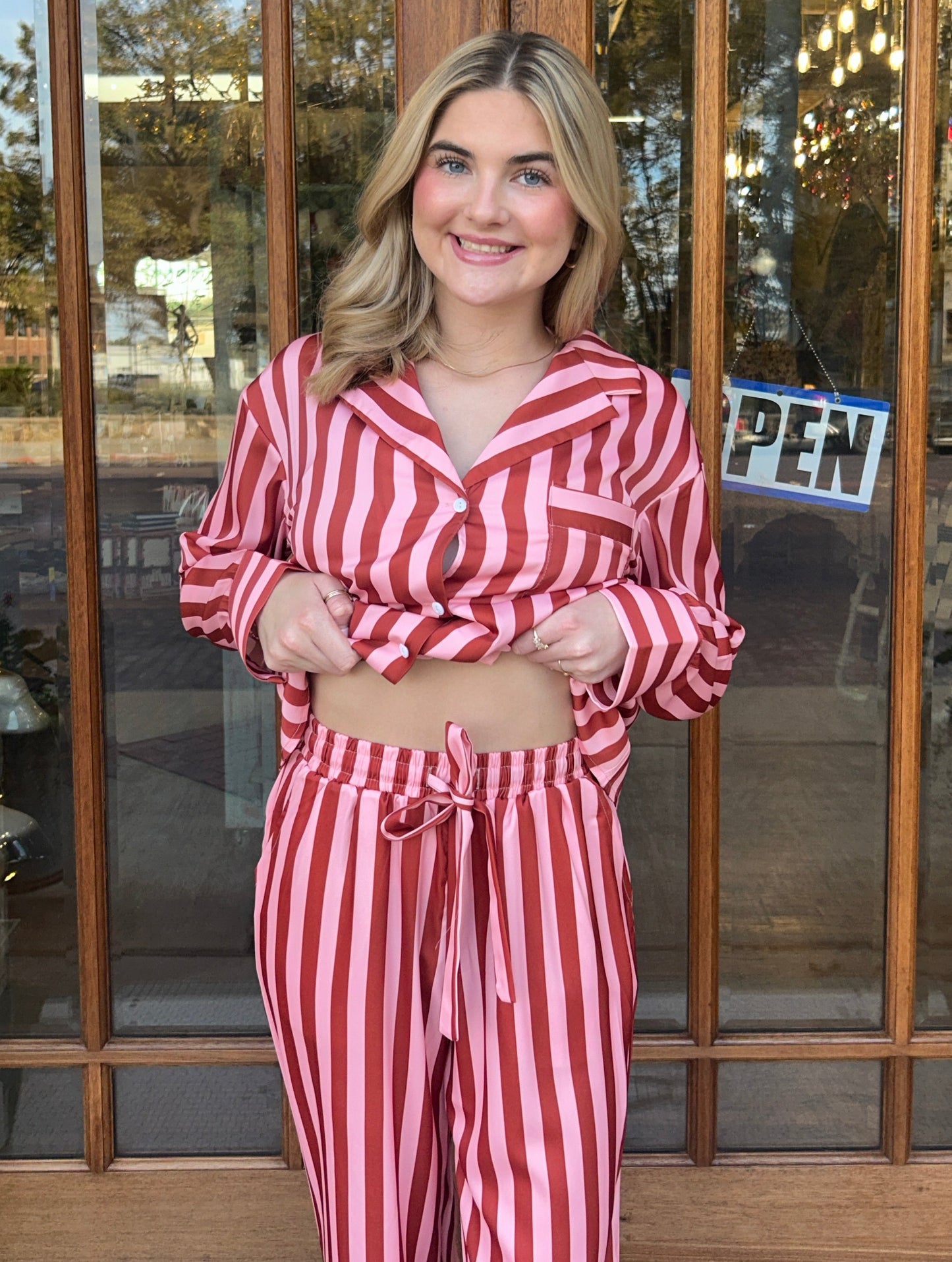 Blush Striped Satin Christmas Pajamas