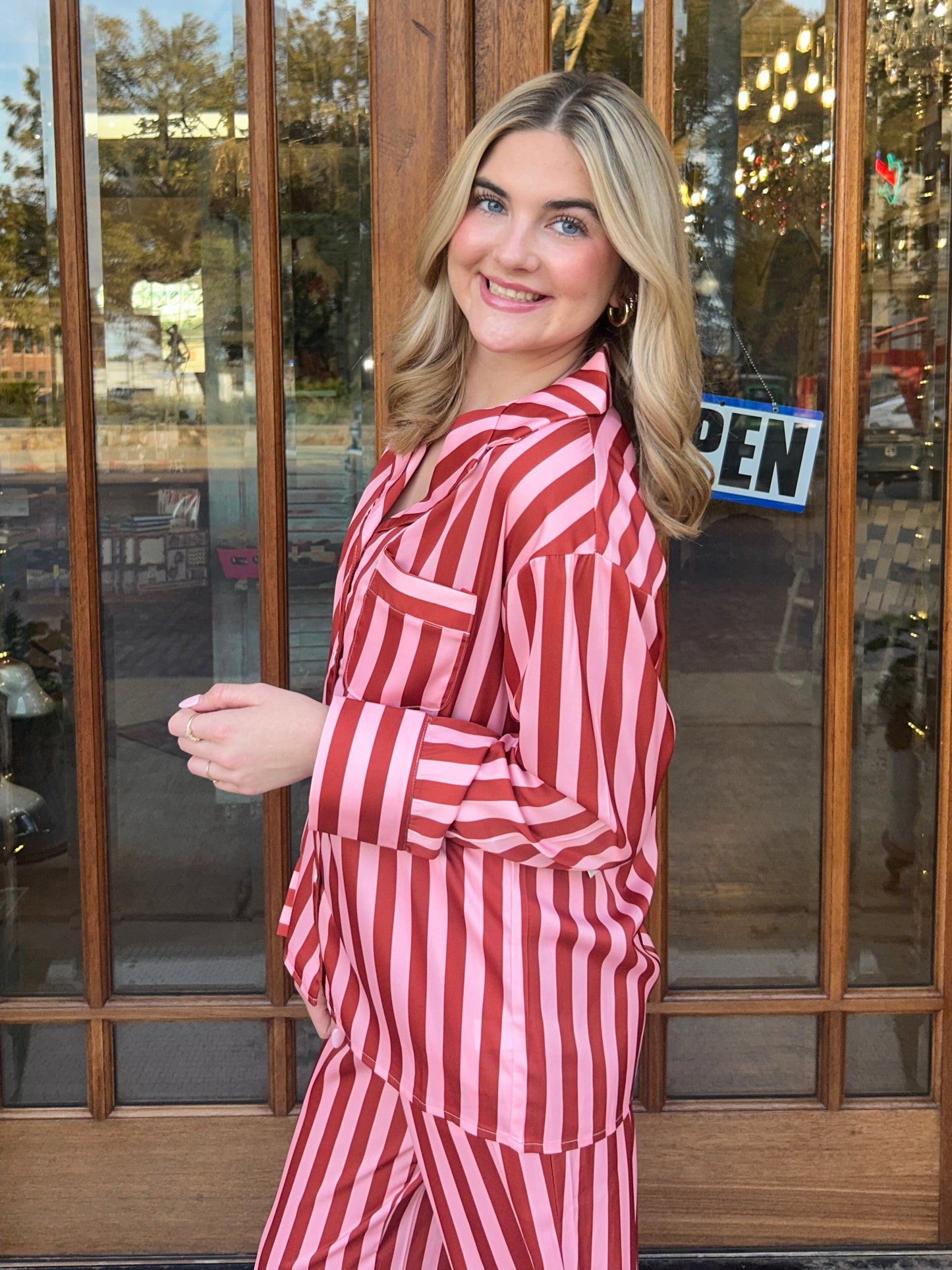 Blush Striped Satin Christmas Pajamas