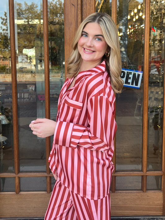 Blush Striped Satin Christmas Pajamas