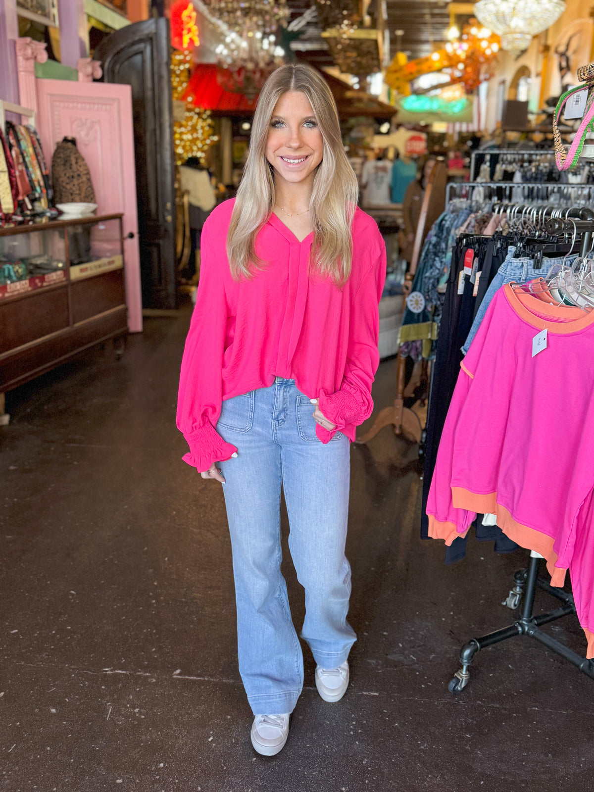 Top | Rose Red Solid Color Shirred Cuff Notch V Neck Blouse