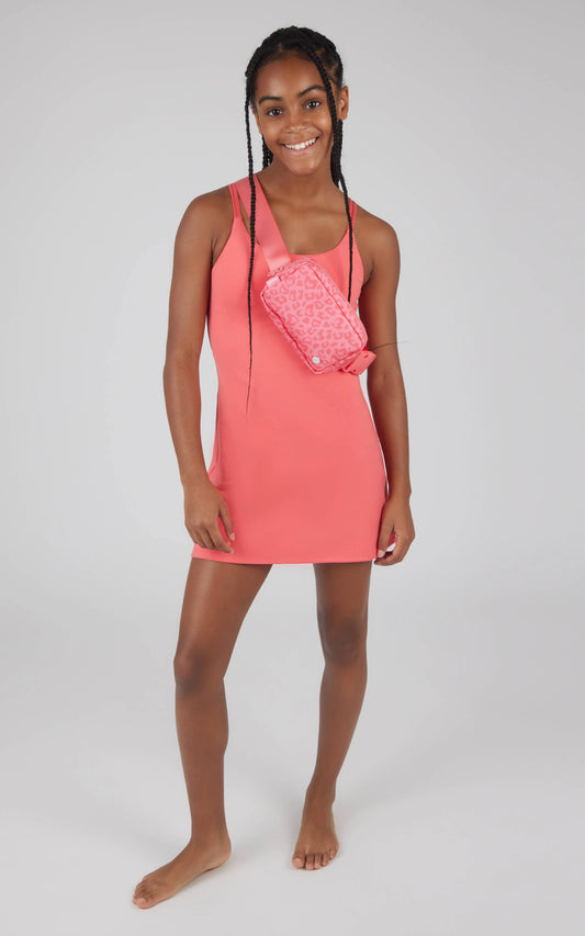 Girls Calypso Coral Tennis Dress with Inner Bra & Fanny Bag Set