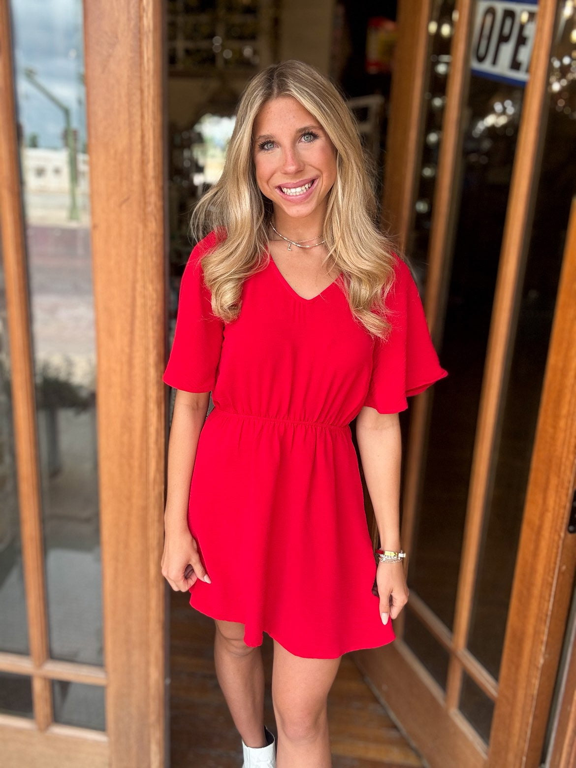 Dress - Red V-Neck Short Sleeve